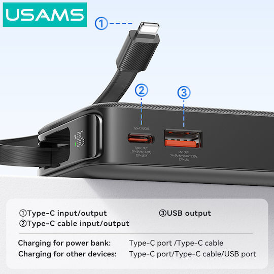 Usams CD225 Lightning Power Bank 10000mAh 20W с USB-A порт и USB-C порт Power Delivery Черен