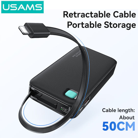 Usams CD225 Lightning Power Bank 10000mAh 20W с USB-A порт и USB-C порт Power Delivery Черен
