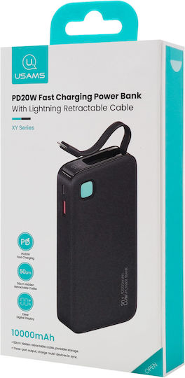 Usams CD225 Lightning Power Bank 10000mAh 20W с USB-A порт и USB-C порт Power Delivery Черен