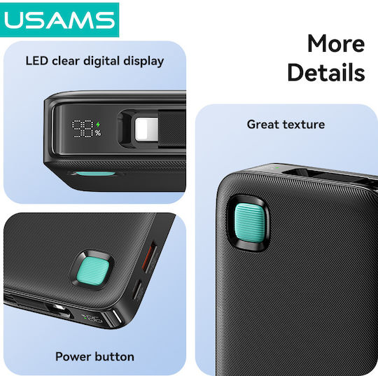 Usams CD225 Lightning Power Bank 10000mAh 20W с USB-A порт и USB-C порт Power Delivery Черен