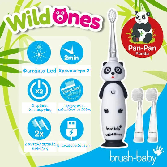 Brush Baby Wildones Children's Electric Toothbrush with Chronograph for 0m+ Panda with Replacement Heads