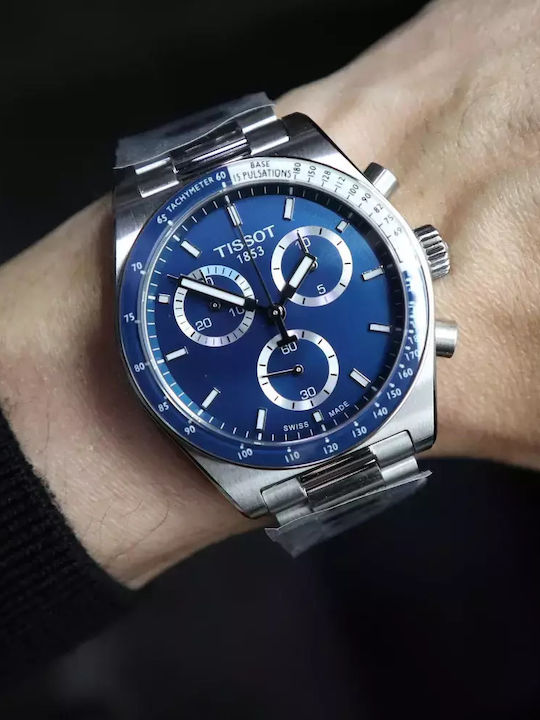 Ανδρικό Ρολόι 40mm Χρονογράφος Μπαταρίας με Μεταλλικό Μπρασελέ Ασημί/μπλε