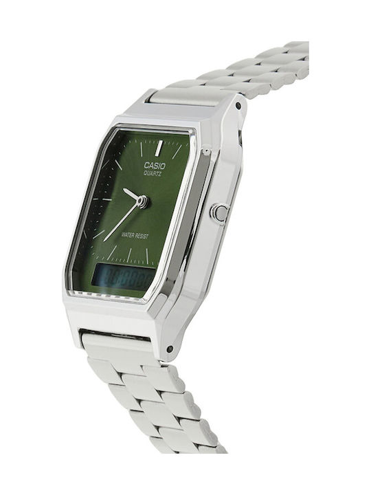 Casio Аналогов/Дигитален Мъжки Часовник Хронограф На Батерия със Сребърна Метална Гривна