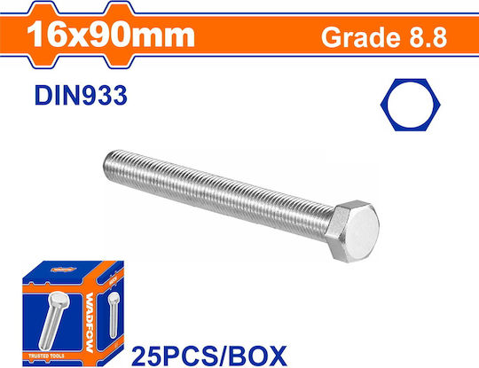 Wadfow Screw Hexagon Galvanized DIN 933 with Diameter M16 and Length 90mm 25pcs 3.8kg