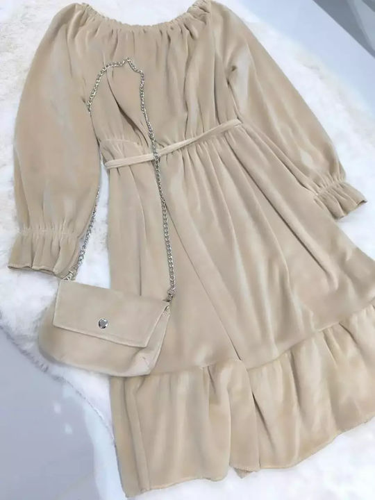 Mädchenkleid Langärmelig Samt Set aus 2 mit Zubehör Creme-Beige