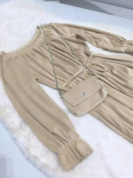 Mädchenkleid Langärmelig Samt Set aus 2 mit Zubehör Creme-Beige