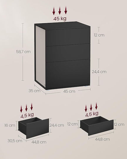 Black Wooden Bedside Table 45x35x58.7cm