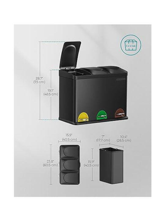 Songmics Triple Recycling Bin 45L Colorful Pedals Removable Bins 60.5x40.5x48.5cm Ltb45b