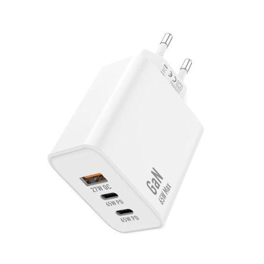 iNOS GaN с USB-A порт и 2 USB-C порта и кабел USB-C - Lightning 65W Power Delivery / Quick Charge 3.0 Бял
