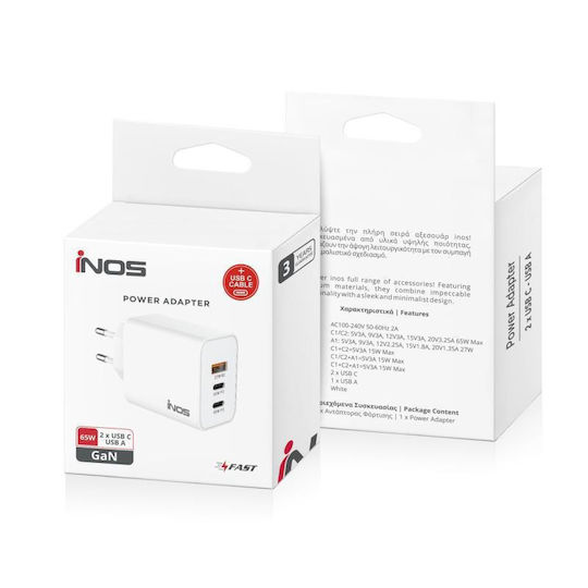iNOS Charger GaN with USB-A Port and 2 USB-C Ports and Cable USB-C - USB-C 65W Power Delivery / Quick Charge 3.0 Whites