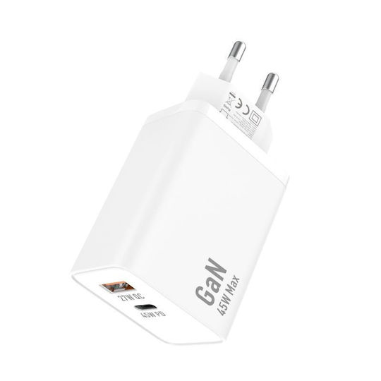 iNOS Charger GaN with USB-A Port and USB-C Port and Cable USB-C - USB-C 45W Power Delivery / Quick Charge 3.0 Whites