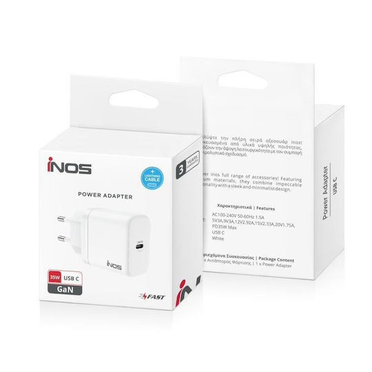 iNOS Charger GaN with USB-C Port and Cable USB-C - Lightning 35W Power Delivery / Quick Charge 3.0 Whites