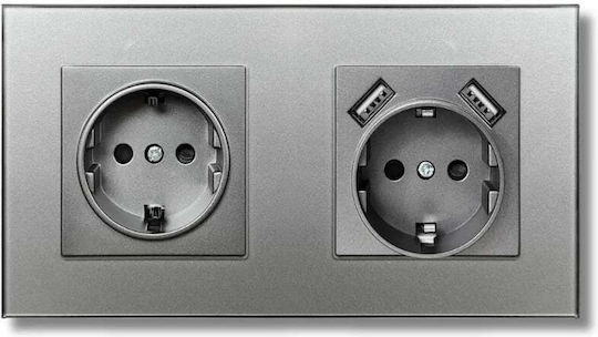 Двойна Мортис Електрически Контакт с 2 USB Порта Сребрист
