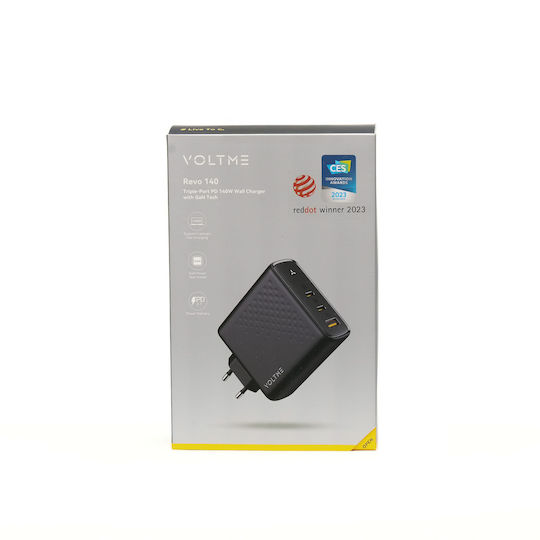 Voltme Φορτιστής Χωρίς Καλώδιο GaN με Θύρα USB-A και 2 Θύρες USB-C 140W Power Delivery Μαύρος (Revo)