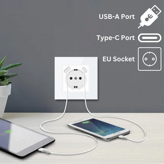 Μονή Χωνευτή Πρίζα Ρεύματος με 2 Θύρες USB Λευκή