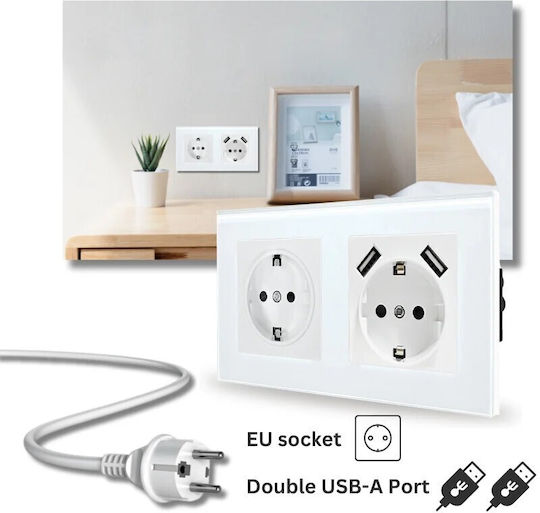 Двойна Мортис Електрически Контакт с 2 USB Порта Бял