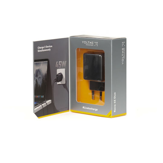 Voltme Φορτιστής Χωρίς Καλώδιο GaN με 2 Θύρες USB-C 45W Power Delivery / Quick Charge 3.0 Μαύρος (Revo)