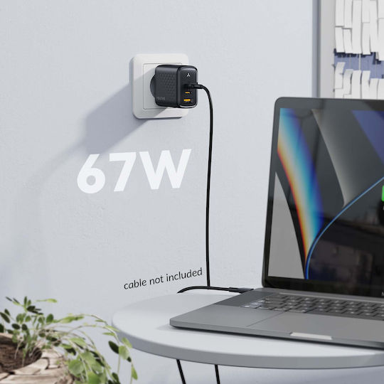 Voltme Φορτιστής Χωρίς Καλώδιο GaN με Θύρα USB-A και 2 Θύρες USB-C 67W Power Delivery / Quick Charge 3.0 Μαύρος (Revo)
