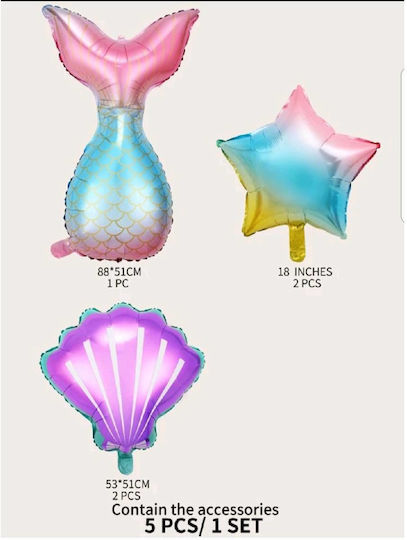 Set of 5 Purple Mermaid Star Foil Balloons Mermaid Shells Stars