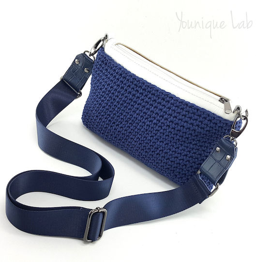 Knitted Bag Set Zipper 25 cm Crossbody Strap Yarn Blue Silver Metal Elements