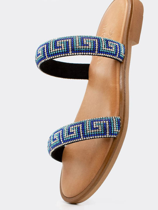 Leather Women's Flat Sandals in Blue Color