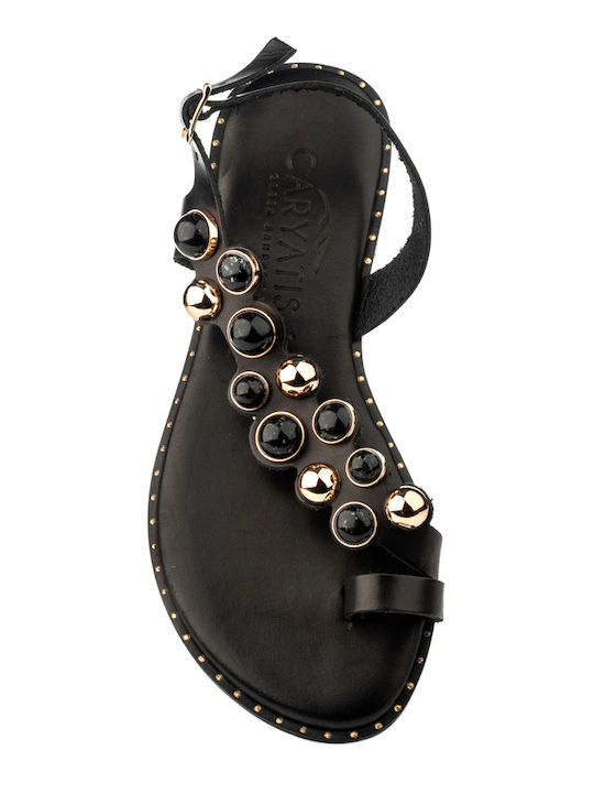 Leather Women's Flat Sandals in Black Color