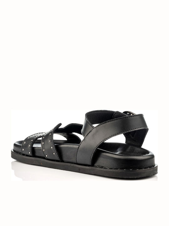 Leather Women's Flat Sandals in Black Color