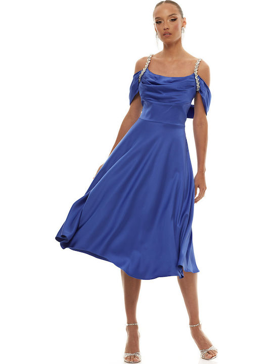 Summer Midi Evening Satin Dress Spaghetti Strap Blue