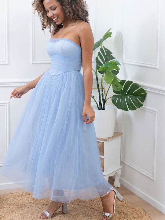 Summer Midi Dress for Wedding Christening Strapless with Tulle Light Blue