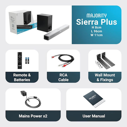 Majority Sierra Plus Soundbar 2.1.2 Bluetooth και HDMI 400W με Ασύρματο Subwoofer και Τηλεχειριστήριο Διάφανο