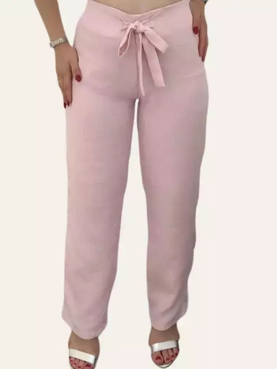 Women's Pink Set with High-waisted Pants with Elastic in Straight Line