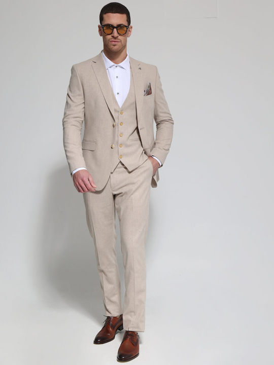 Men's Summer Suit with Vest Beige