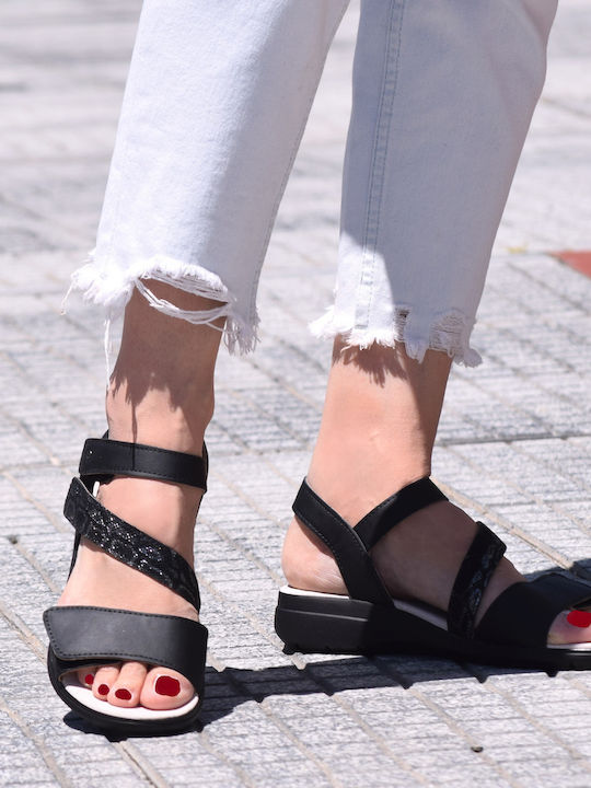 Leather Women's Flat Sandals Anatomic in Black Color