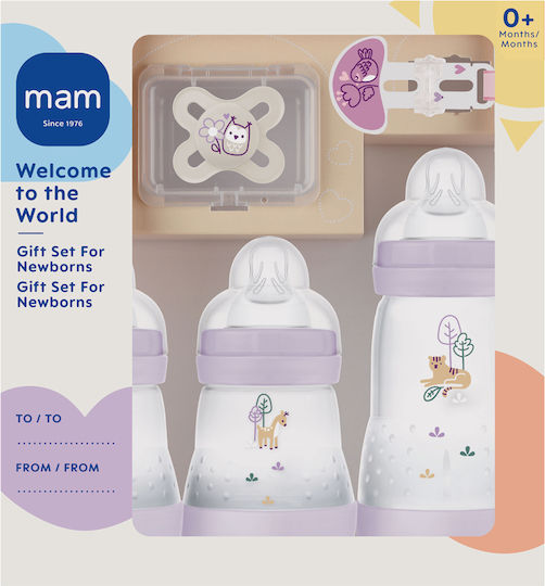 Mam Plastic Baby Bottle Set Gift Anti-Colic with Silicone Nipple for 0+, 0+ m, months Pink 5pcs