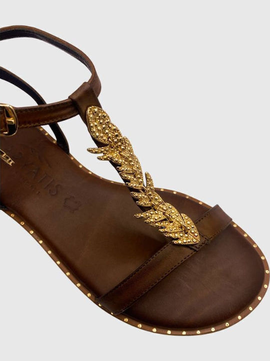 Leather Women's Flat Sandals in Brown Color