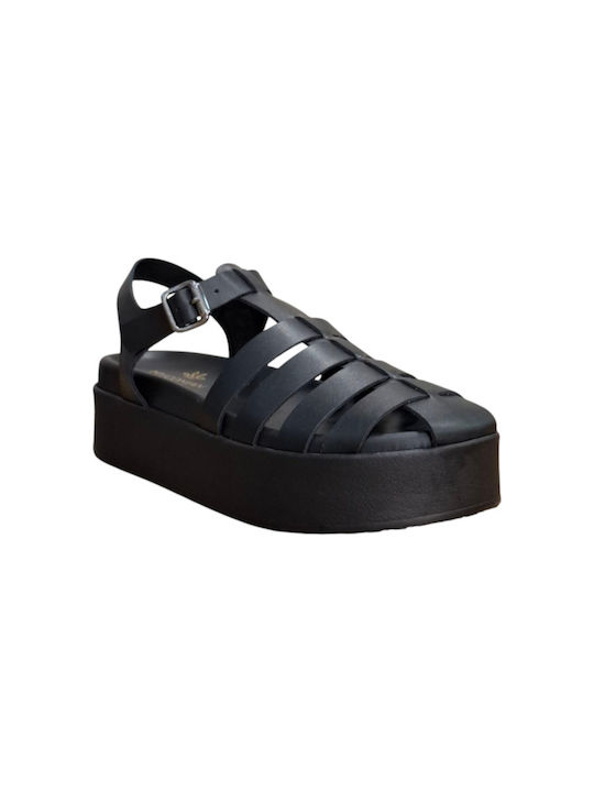 Leather Women's Flat Sandals Flatforms in Black Color