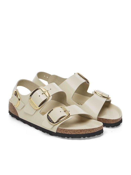 Milano Big Buckle Leather Women's Flat Sandals Anatomic with Strap in Ecru Color Narrow Fit