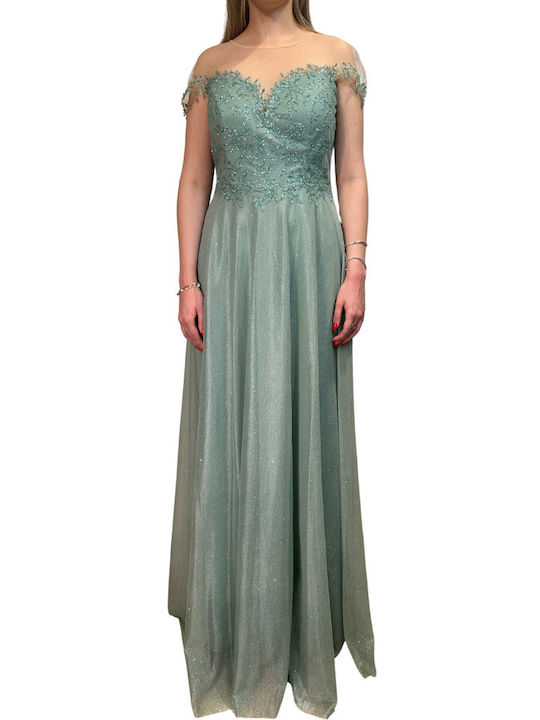 Καλοκαιρινό Maxi Φόρεμα για Γάμο / Βάπτιση Off-Shoulder με Δαντέλα Μέντα