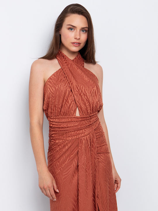 Summer Midi Evening Dress Open Back with Tearing Pink