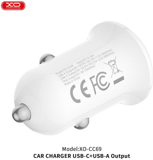 XO CC69 Mini Smart Car Charger 30W 2.75A Fast Charging with Ports: 1xUSB 1xType-C White Color