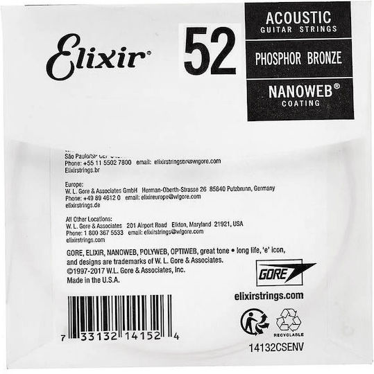 Elixir Nanoweb Single Acoustic Guitar String Phosphor Bronze 52 Loop End
