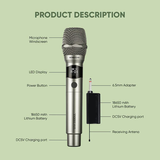 Sonic Gear WM 3000UL Ασύρματο Μικρόφωνο Χειρός για Φωνητικά σε Ασημί Χρώμα Palladium