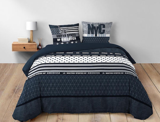 Douceur d'Intérieur Duvet Cover Set Cotton Queen with 2 Pillowcases 220x240 States Blue