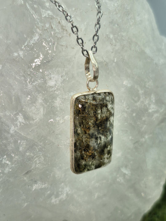 Quartz Necklace with Green Tourmaline Inclusions, Silver Bezel, Steel Chain, 24 cm Length
