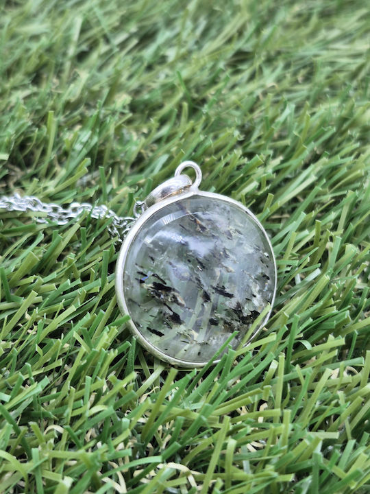 Transparent Quartz Necklace with Green Tourmaline Inclusions, Silver Bezel, Steel Chain, 24 cm Length
