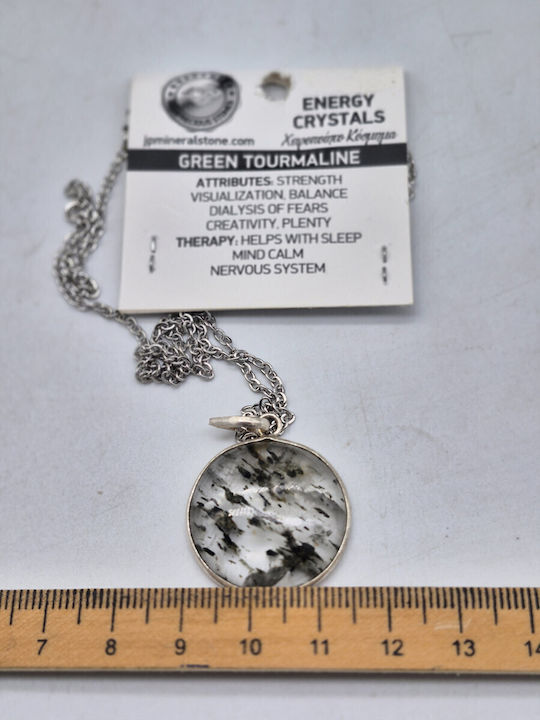 Transparent Quartz Necklace with Green Tourmaline Inclusions, Silver Bezel, Steel Chain, 24 cm Length