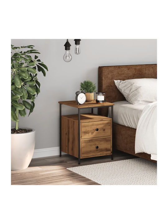 Wooden Bedside Table with Metal Legs Brown Oak 34x35.5x50cm