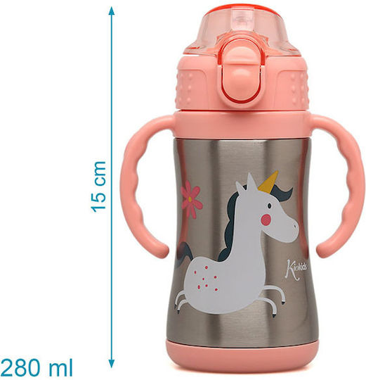 Kiokids My Little Unicorn Kinder Trinkflasche Thermos Einhorn Rostfreier Stahl mit Stroh Rosa 280ml