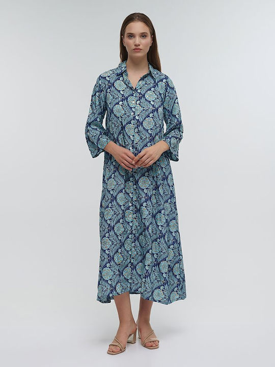 Ble Resort Collection Women's Maxi Caftan Beachwear Blue With Gold Details