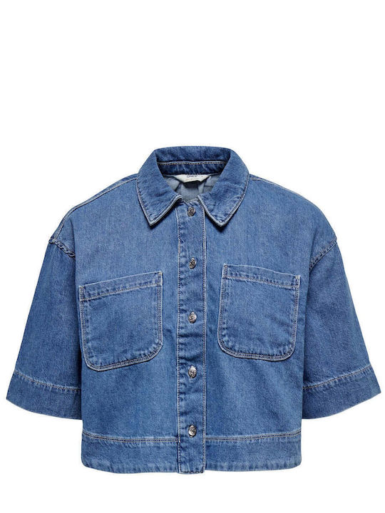Short Sleeve Women's Denim Shirt Blue
